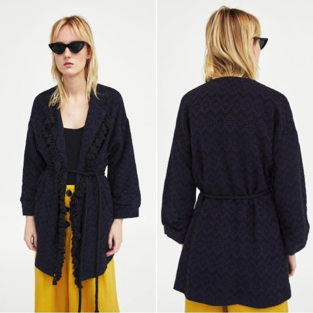 ZARA | Tassel Trim Jacquard Kimono Jacket